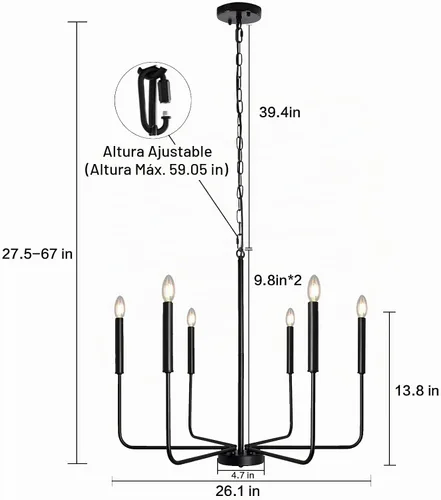 Vista 6 de Lámpara de araña estilo granja, accesorios de iluminación para techo colgante, 6 luces, vela moderna, negro mate, accesorio de luz de techo, 26
