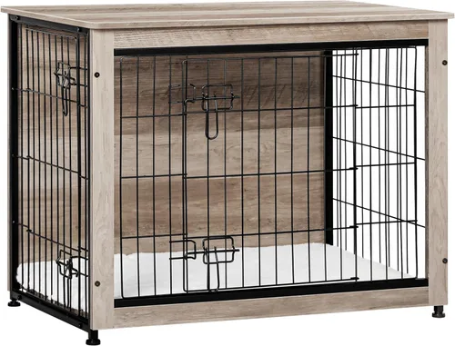 Vista 23 de DWANTON - Perrera con cojín, de madera, con puertas dobles, para interiores, S, M, L, 27.2 pulgadas de largo, negro