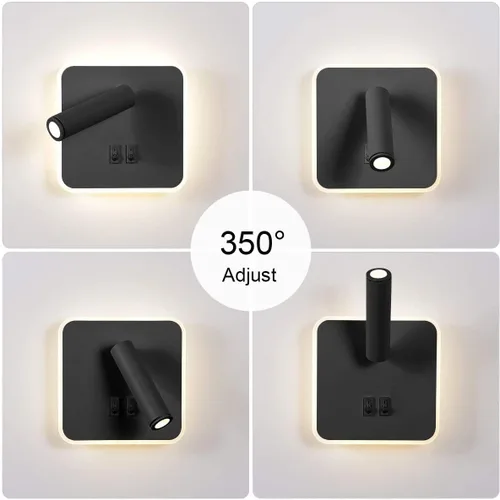 Vista 3 de Kawell Apliques de pared LED modernos 2 en 1 de 8 W con interruptor, foco de pared de lectura ajustable de 3 W, cableado interior para dormitorio