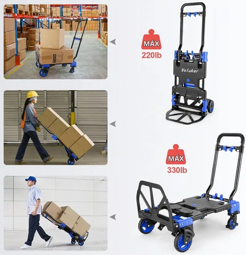 Vista 5 de Carro de mano plegable 2 en 1, carrito retráctil de 330 libras, 4 y 2