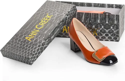 Vista 8 de ANN CREEK Zapatos de tacón bajo para mujer, zapatos de oficina elegantes de dos tonos, punta cuadrada, tacón grueso de 2.4 pulgadas, sin cordones