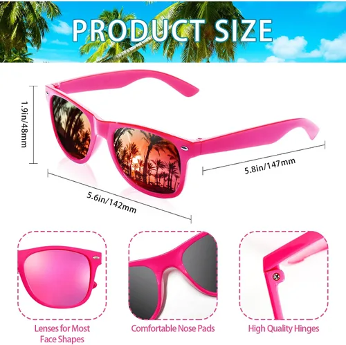 Vista 6 de SUNOVELTIES Gafas de sol de color neón clásicas a granel, lentes espejadas para hombresmujeres, gafas de cumpleaños, playa, piscina, fiestas