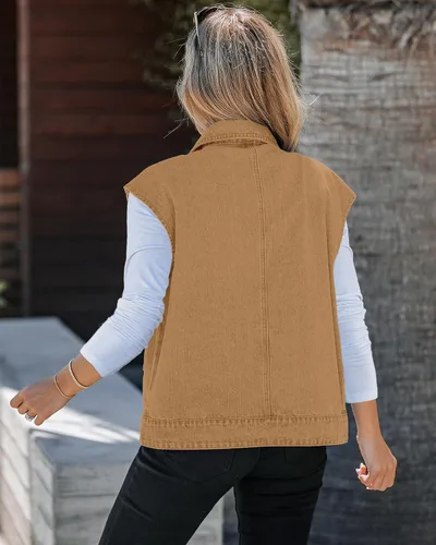 Vista 2 de luvamia Denim para mujer, de gran tamaño, con botones, sin mangas, chaqueta vaquera a la moda, casual, ropa de abrigo occidental con bolsillos