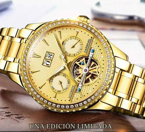 Vista 7 de Carnival Relojes automáticos impermeables automáticos de oro completo de zafiro con calendario multifunción para hombre tourbillon Dorado (Full Gold)