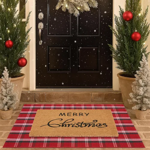 Vista 14 de Juego de tapetes de puerta de Navidad - Tapete de bienvenida 100% fibra de coco + alfombra a cuadros roja y negra de 28 x 43 pulgadas, juego