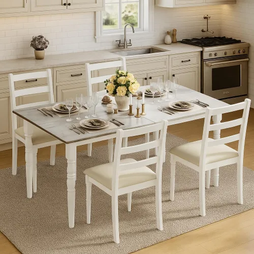Vista 6 de YITAHOME Juego de mesa de comedor de 5 piezas para 4, mesa de comedor de granja con sillas tapizadas de piel sintética, juego de mesa rectangular