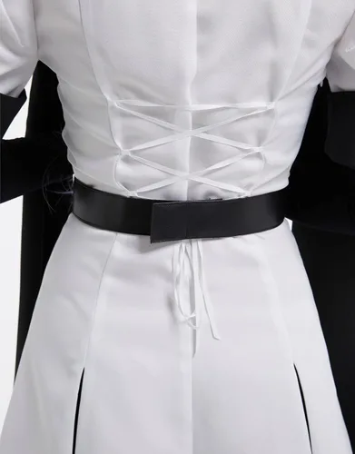 Vista 8 de Miccostumes Disfraz de uniforme de anime para mujer, disfraz de cosplay con accesorio para el cuello, cinturón, gorro, medias