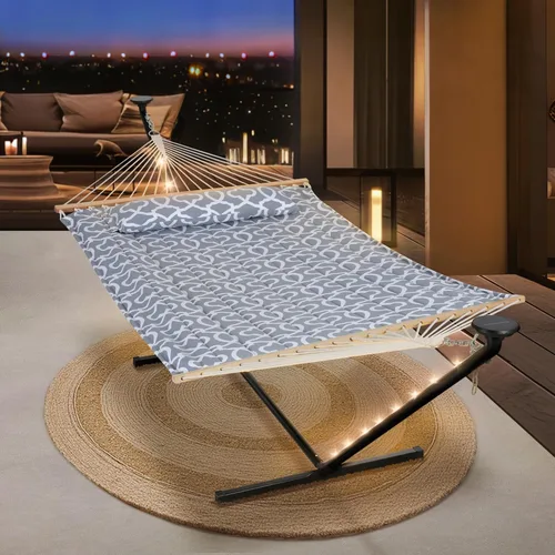 Vista 9 de SUNCREAT Hamaca doble con soporte de 12 pies, luces solares incluidas, hamaca al aire libre para exterior, gris oscuro