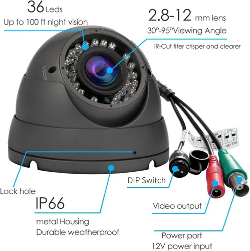 Vista 6 de Cámara CCTV HD 1080P 4 en 1 (TVI/AHD/CVI/960H/CVBS) Cámara domo de seguridad, lente varifocal de 0.110-0.472 in, videovigilancia analógica, visión