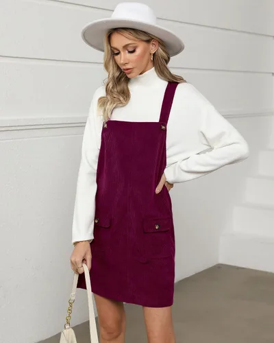 Vista 18 de luvamia Vestido de pana para mujer, tirantes ajustables, casual, a la moda, overoles cortos con bolsillos