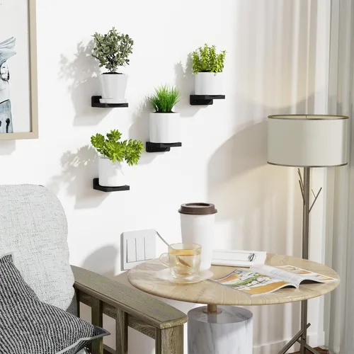 Vista 6 de SRIWATANA Pequeños estantes flotantes montados en la pared, estante de madera para decoración y almacenamiento, juego de 4, mini estante de Negro