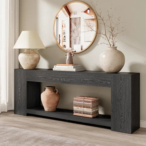 Vista 4 de Epecoya Mesa consola extra larga para entrada, color negro, mesa de entrada de 86 pulgadas con estantes de almacenamiento, mesa moderna de 2 niveles