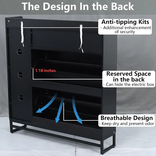 Vista 9 de Auromie - Organizador de zapatos independiente con 2 cajones abatibles y gabinete lateral, almacenamiento estrecho de zapatos para entrada con Negro