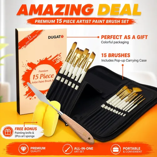 Vista 2 de DUGATO Juego de 15 pinceles para pintura artística con estuche emergente, cuchillo de paleta y esponjas, pelo de nailon para pintura acrílica, óleo
