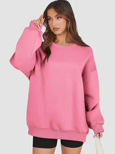 Vista 2 de ATHMILE Sudadera de gran tamaño para mujer, cuello redondo, forro polar, manga larga, sudaderas con capucha, tops de otoño, ropa de moda 2024