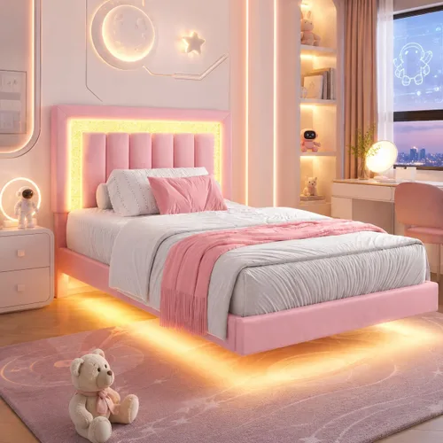 Vista 10 de HOMBCK Base de cama flotante individual con luces LED inteligentes, cama de plataforma tapizada de piel sintética con cabecera de diamante, no Negro