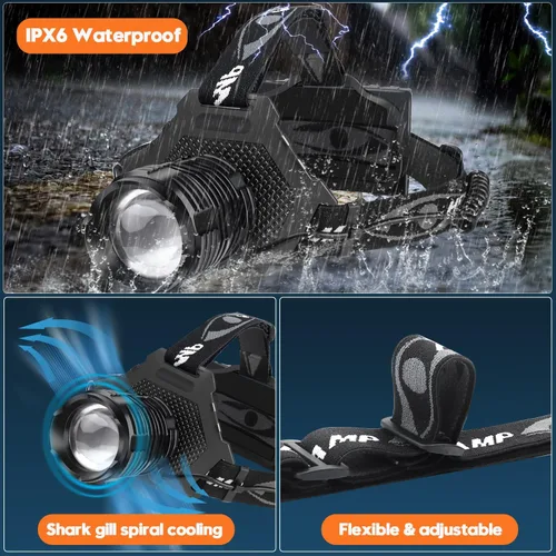 Vista 6 de Linterna de cabeza LED recargable Bud K, linterna de cabeza superbrillante mejorada de 30W, 1000 lúmenes altos con 6 modos, zoom, linterna de cabeza