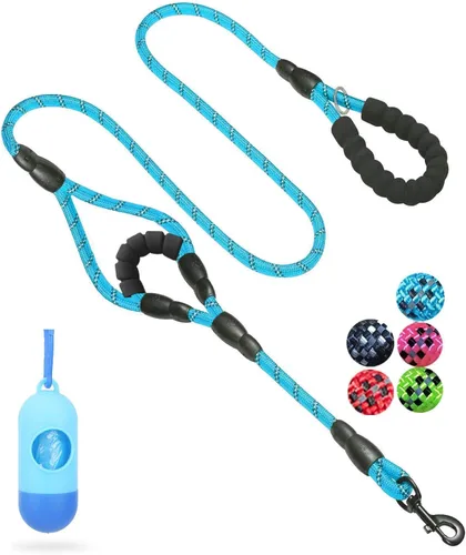 Vista 7 de JSXD Correa resistente de doble asa para perro, 5 pies, acolchada y reflectante, cuerda para perros pequeños a grandes (negro)