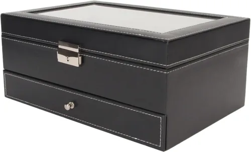 Vista 7 de JUOPZKENN Caja de almacenamiento de reloj de piel sintética con cerradura de 12 ranuras, color negro, 2 niveles, con tapa de cristal, soporte