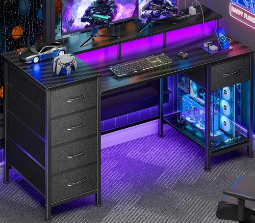 Vista 10 de Korfile - Escritorio para computadora de 47 pulgadas con 5 cajones de almacenamiento de tela, escritorio para juegos con tomas de corriente y luces