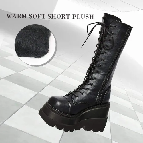 Vista 5 de CELNEPHO - Botas para mujer estilo de combate punk de plataforma alta hasta mitad de la pantorrilla de cuña con tacones altos y gruesos con puntera