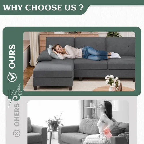 Vista 6 de Vongrasig Camillas seccionales para sala de estar, sofá en forma de U con diván, sofá modular grande moderno de 4 asientos para sala de estar Negro