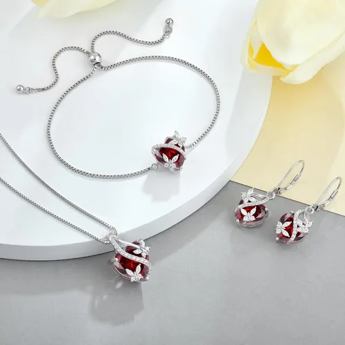 Vista 5 de Juego de joyas de plata de ley con diseño de mariposas y granate para mujer, collar, aretes, pulsera, regalo