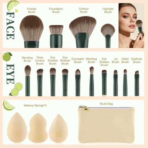 Vista 5 de DUcare Juego de 18 brochas de maquillaje, esponjas de maquillaje, bolsa de Beige