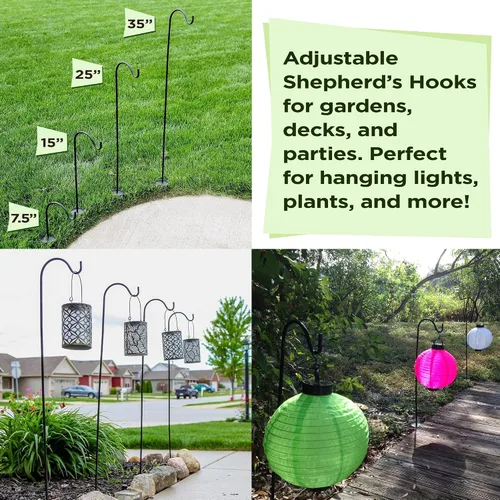 Vista 9 de Ganchos de pastor para exteriores, juego de 4 postes de jardín ajustables para comederos de pájaros, linternas solares, campanillas de viento Negro