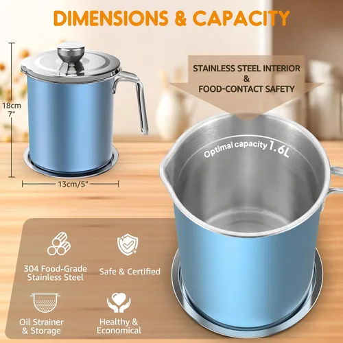 Vista 4 de Chihee Ahorro de grasa de tocino de acero inoxidable – Contenedor de aceite de 67.6 onzas líquidas con colador de malla fina y bandeja