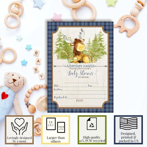 Vista 3 de Amanda Creation Invitaciones para baby shower de alce, paquete de 20 invitaciones de espolvoreo de 5 x 7 pulgadas, tarjetas de relleno de doble cara