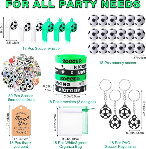 Vista 2 de Hungdao 158 piezas de recuerdos de fiesta de fútbol para 18 niños, incluye mini llavero de fútbol animoso, pulseras de silbato, calcomanías