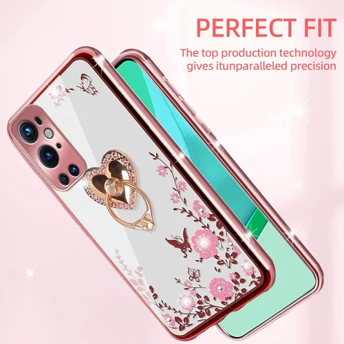 Vista 7 de Funda protectora transparente para Oneplus 9 Pro para mujer, con purpurina, suave, con diseño de mariposa, corazón, floral, transparente