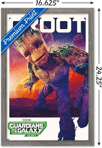 Vista 3 de Trends International Marvel Guardianes de la Galaxia Vol. 3 - Póster de pared Groot One Sheet 22.4L x 14.7W, versión enmarcada de madera de granero
