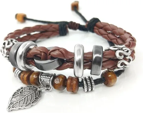 Vista 32 de Suyi brazalete ajustable con varias capas, de cuero tejido trenzado con cruz. Pulsera tipo esclava.