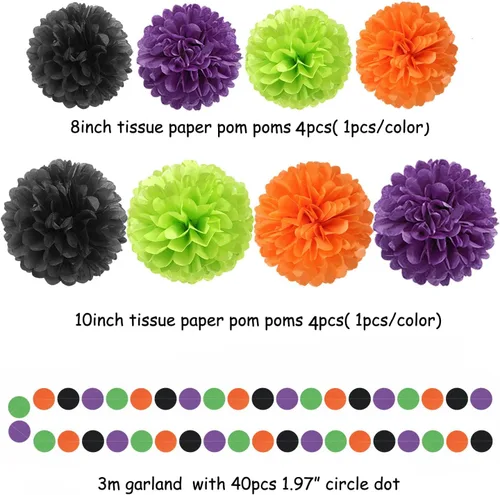 Vista 2 de Decoraciones de Fiesta de Halloween Negro-Morado Naranja Verde - 30 piezas Pompones de Papel Tissue, Serpentinas, Guirnalda de Borlas, Pancarta