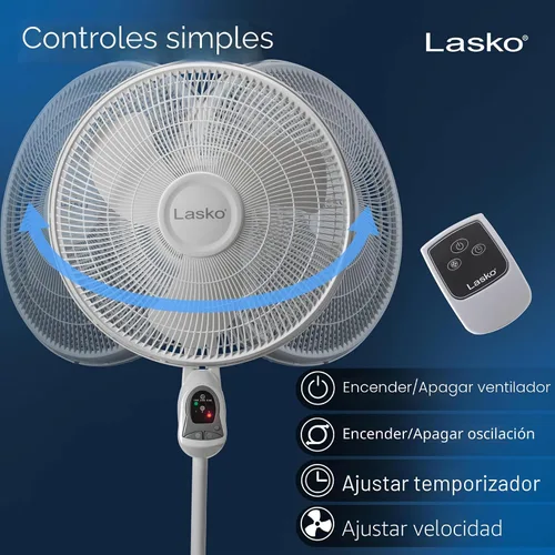 Vista 3 de Lasko 1646 - Ventilador de pedestal oscilante y ajustable con temporizador y control remoto para uso en interiores, dormitorio, sala de estar, Blanco
