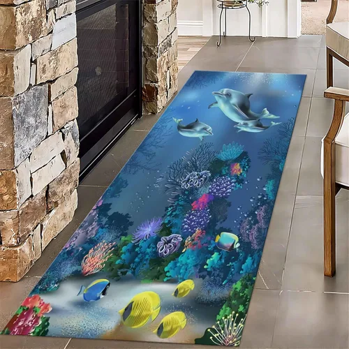 Vista 29 de Alfombra de pasillo larga con diseño de tortuga de acuarela, 2 x 6 pies, alfombra de camino de tortuga azul agua de mar para pasillos, alfombra