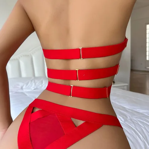 Vista 5 de Lencería sexy para mujeres para sexo travieso juego liguero arnés gargantilla cuello sujetador y bragas conjuntos recortado encaje hasta la ropa