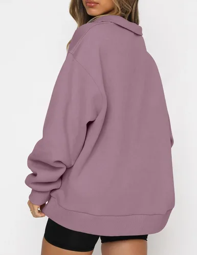 Vista 3 de AUTOMET Sudaderas de gran tamaño para mujer, sudaderas con capucha con cremallera de medio cuarto de largo, suéteres de manga larga