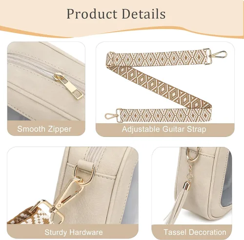 Vista 6 de FAIME Bolsa transparente para eventos de estadio, bonitos monederos transparentes para mujer, bolsa cruzada transpartente con correa para guitarra