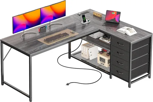 Vista 19 de PRAISUN Escritorio pequeño para computadora de 43.3 pulgadas con tomas de corriente y puerto USB-C, escritorio esquinero reversible en forma de L