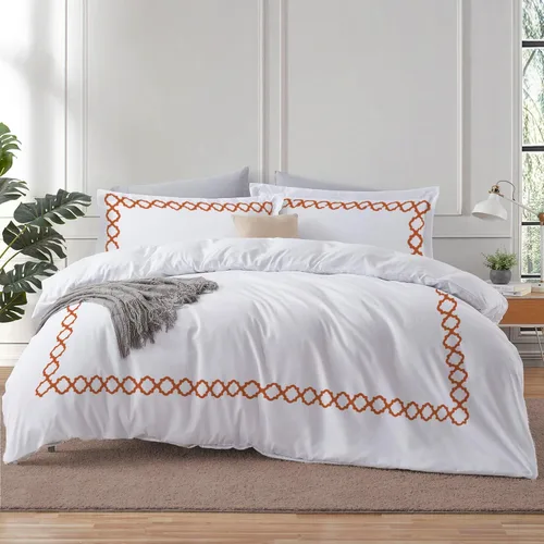 Vista 9 de BedDecor: Enchanted Oasis - Juego de funda de edredón de 3 piezas de 600 hilos de algodón egipcio con bordado de cuadrifolio, ultra suave
