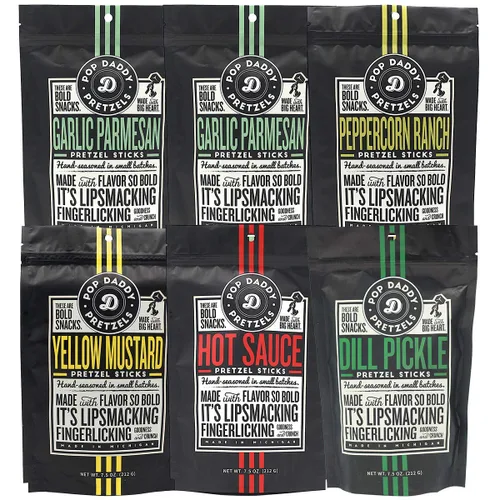 Vista 9 de Pop Daddy - Palitos de pretzels saborizados, pretzels gourmet saludables, paquete variado de 7.5 onzas, paquete de 3, ajo parmesano (2) y mostaza