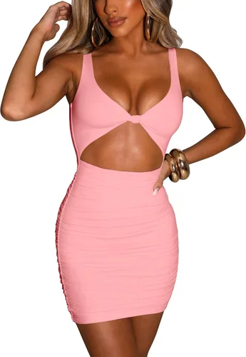 Vista 2 de Kaximil - Vestido corto, sexy, entallado, recortado, fruncido y sin mangas para mujer, club y fiesta