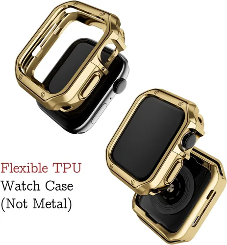 Vista 3 de Compatible con correa y funda de Apple Watch, cadena de metal de acero inoxidable con cubierta de TPU, correa de pulsera Smart-Watch Link