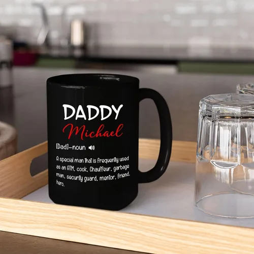 Vista 4 de Taza de café negra con nombre personalizado de 11 onzas, 15 onzas, taza de café con definición de papá para papá, regalo para papá nuevo, taza