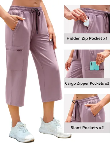 Vista 4 de SPECIALMAGIC Pantalones capri de yoga para mujer, pantalones capri cargo de pierna recta con 5 bolsillos