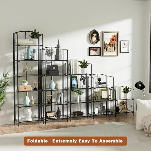 Vista 5 de Crofy - Estantería plegable sin montaje para sala de estar, estantería plegable de 2 niveles en color negro para oficina en casa, organizador