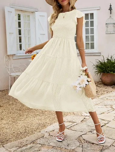 Vista 6 de MEROKEETY Vestido midi fruncido de manga corta de verano para mujer vestidos escalonados con vuelo de punto suizo